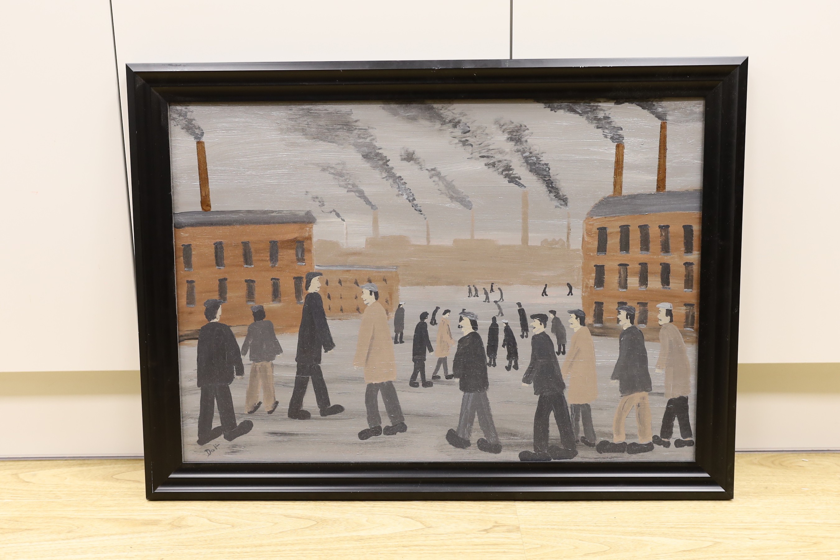 Vincent Dott, oil on board, 'The Workers', signed with artist label verso, 47 x 67cm